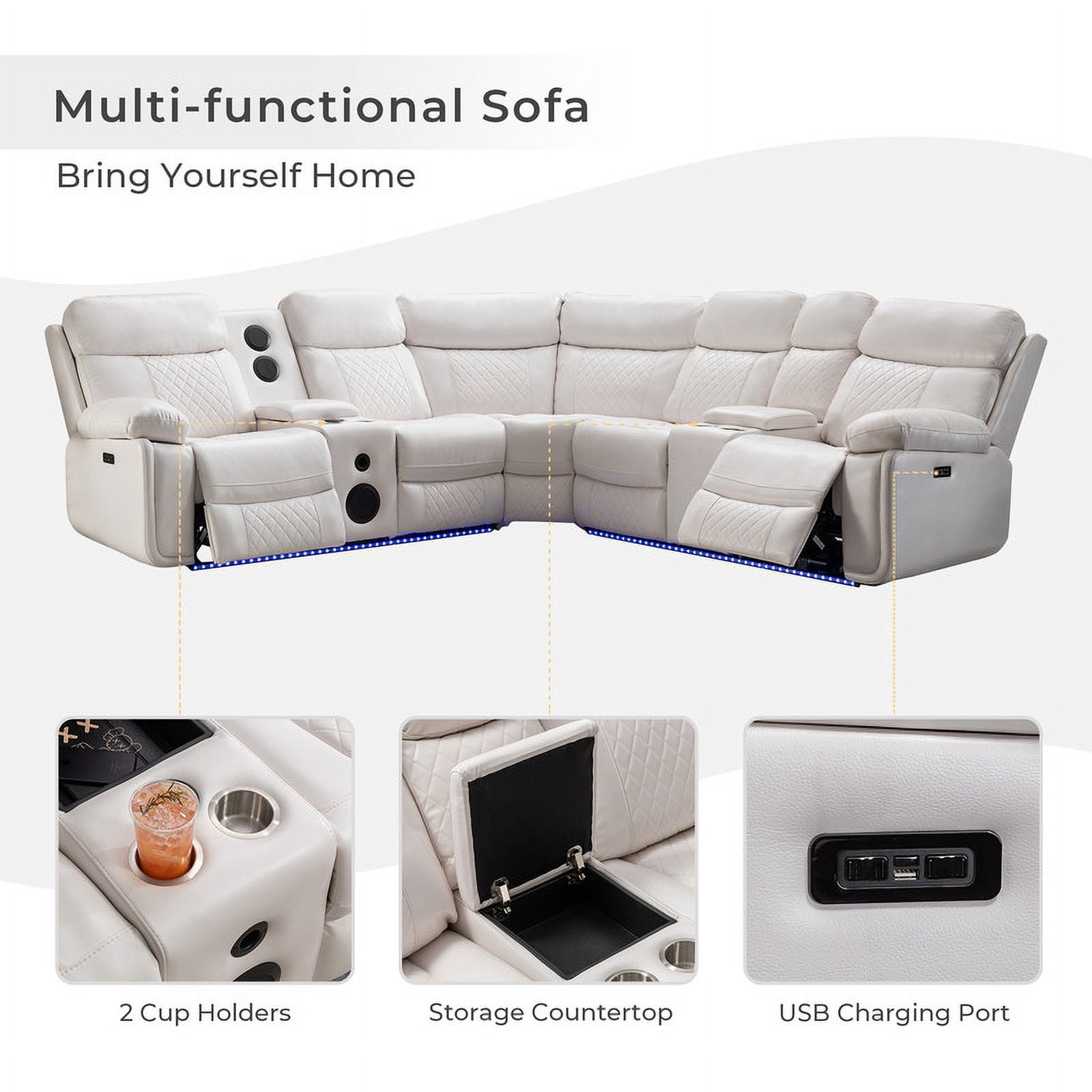 Comfort Stretch 5 Seats Power Recliner Sofa Sets with Speaker,White Faux Leather Reclining Sectional Couch for Living Room Furniture Sets with USB Port,Storage Console Cup Holders,LED Lights