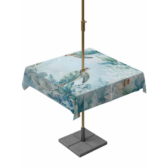 Outdoor Tablecloth with Umbrella Hole & Zipper, Teal Blue Sea Turtle Coastal Square Tablecloth 60x60 Inch, Nautical Beach Eucalyptus Coral Patio Table Cover Waterproof Table Cloth for Picnic/Party
