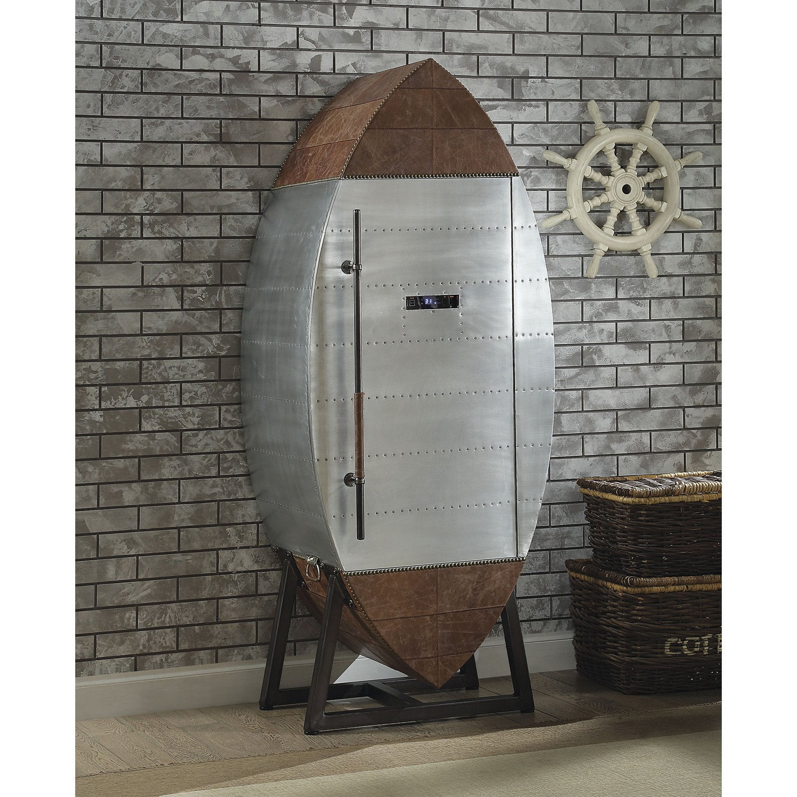 Acme Furniture Brancaster Wine Cooler Cabinet in Retro Brown and Aluminum