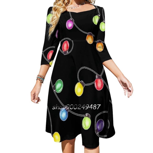 Luces LED navideñas 2 Vestido de cuello cuadrado Lindos vestidos sueltos estampados Elegante vestido de fiesta de playa Luces navideñas Luces navideñas