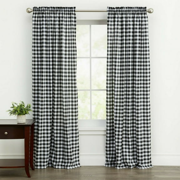 Kate Aurora Country Farmhouse Rod Pocket Buffalo Plaid Check Gingham Window Curtains - Black, 95 in. Long