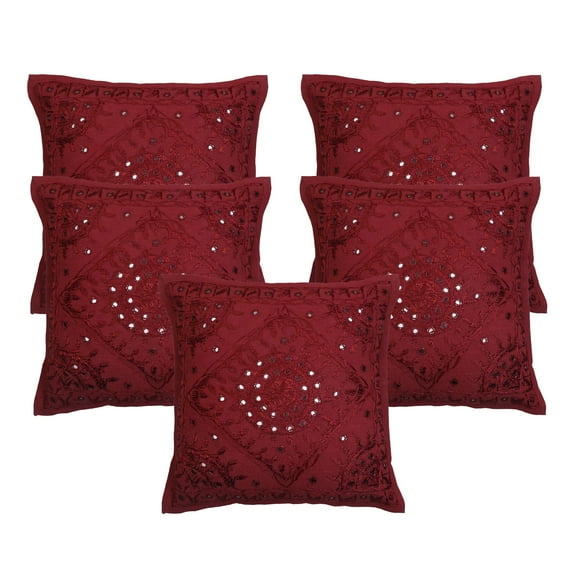 Stylo Culture Ethnic Settee Sofa Throw Pillow Covers 16x16 Hand Embroidered Maroon Boho 40cm x 40cm Home Decor Cotton Mirrored Square Cushion Covers | Set Of 5
