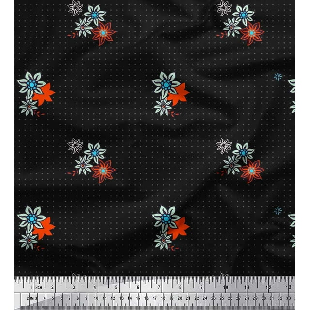 Soimoi Polyester Crepe Fabric Dot & Floral Artistic Printed Fabric 1 Yard 52 Inch Wide
