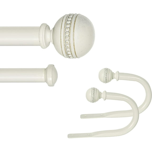 1" Double Curtain Rod with Sable Finials and holdbacks (48‘’-84‘’, Weathered white)