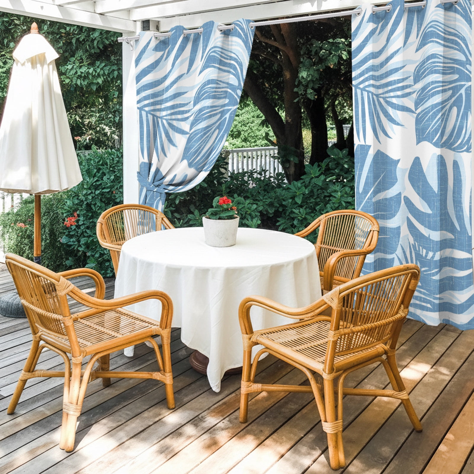 Coastal Blue Palm Leaves Outdoor Curtains for Patio, Tropical Botanical Minimalist Modern Sunshade Privacy Drapes Grommet Waterproof Outside Curtains for Porch/Cabana/Balcony 54"x 108", 1 Panel