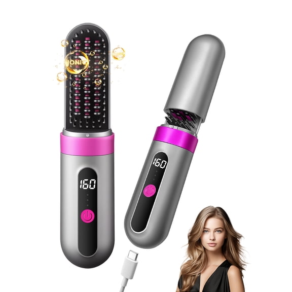 FLAZECON Cordless Hair Straightener Brush, Portable 300M Negative Ion Straightening Comb with Type-C Charging, 3 Heat Settings, LED Display, Anti-Scald Ceramic for Travel & Daily Use