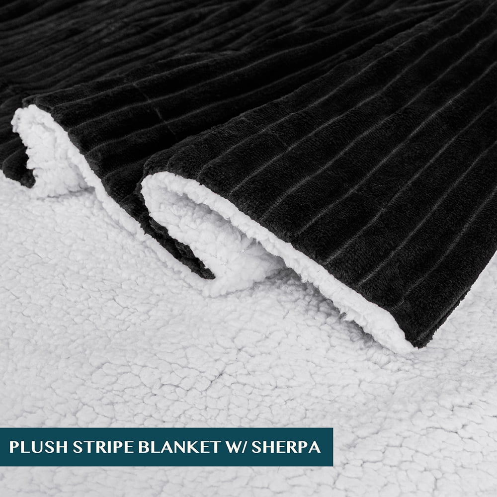PAVILIA Reversible Sherpa Fleece Throw Blanket Black, Plush Flannel Throw, Ultra Soft Warm Ribbed Microfiber Blanket for Sofa Couch Bed, Luxury Thick Striped Blanket, Black, 50x60
