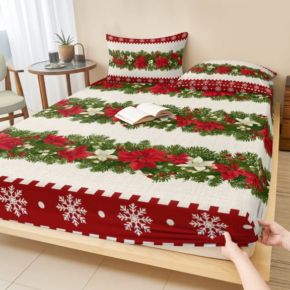 King Size Fitted Sheet Set - Christmas Poinsettia 3 Piece Bedding Sets 16" Deep Pocket Fitted Sheet with 2 Pillowcases, Red Green Botanical Xmas Snowflake Brushed Microfiber Hotel Luxury Bed Sheets