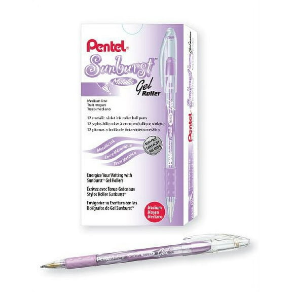 Pentel Sunburst Metallic Gel Pen, 0.8mm Tip Writes 0.4mm Line, Violet/Transparent Barrel Violet Ink, Box of 12 (K908-MV)
