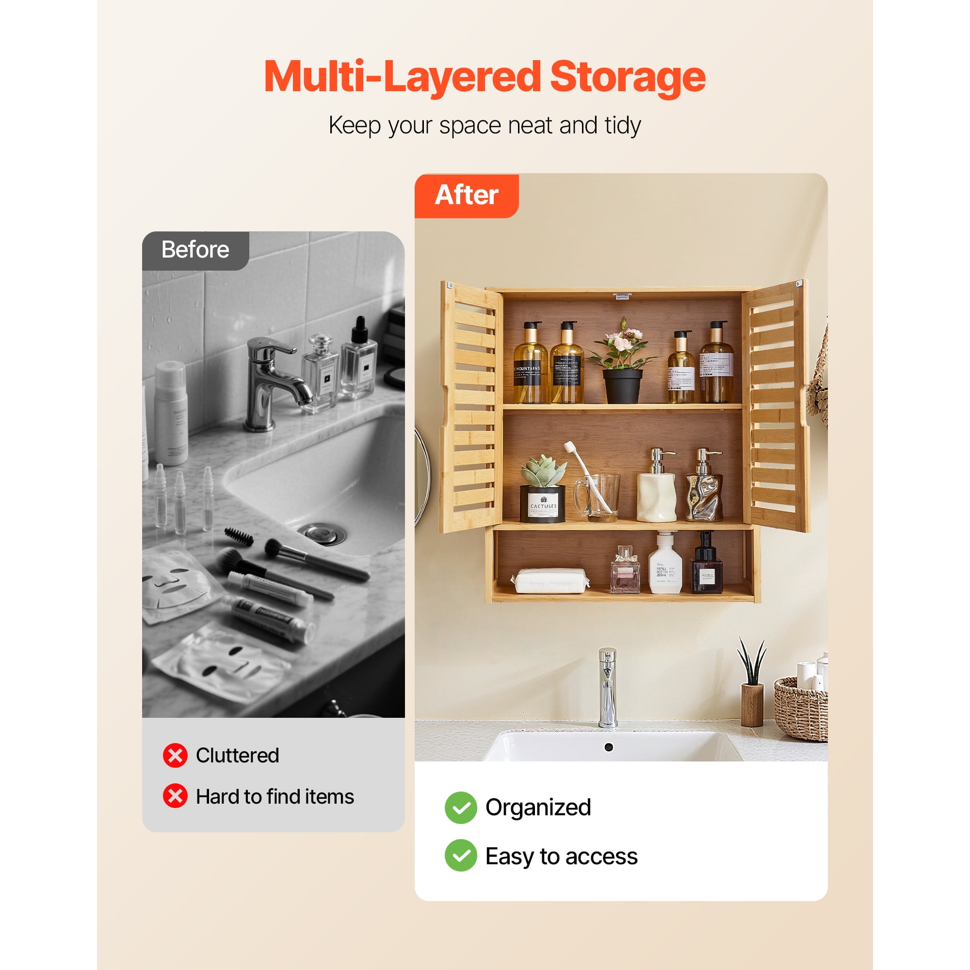KFFKFF Bathroom Wall Cabinet with 2 Doors and Adjustable Shelf, Wall-Mounted Organizer for Over-the-Toilet Storage, Medicine Cabinet with Shelves and Open Partition for Kitchen, Laundry Room