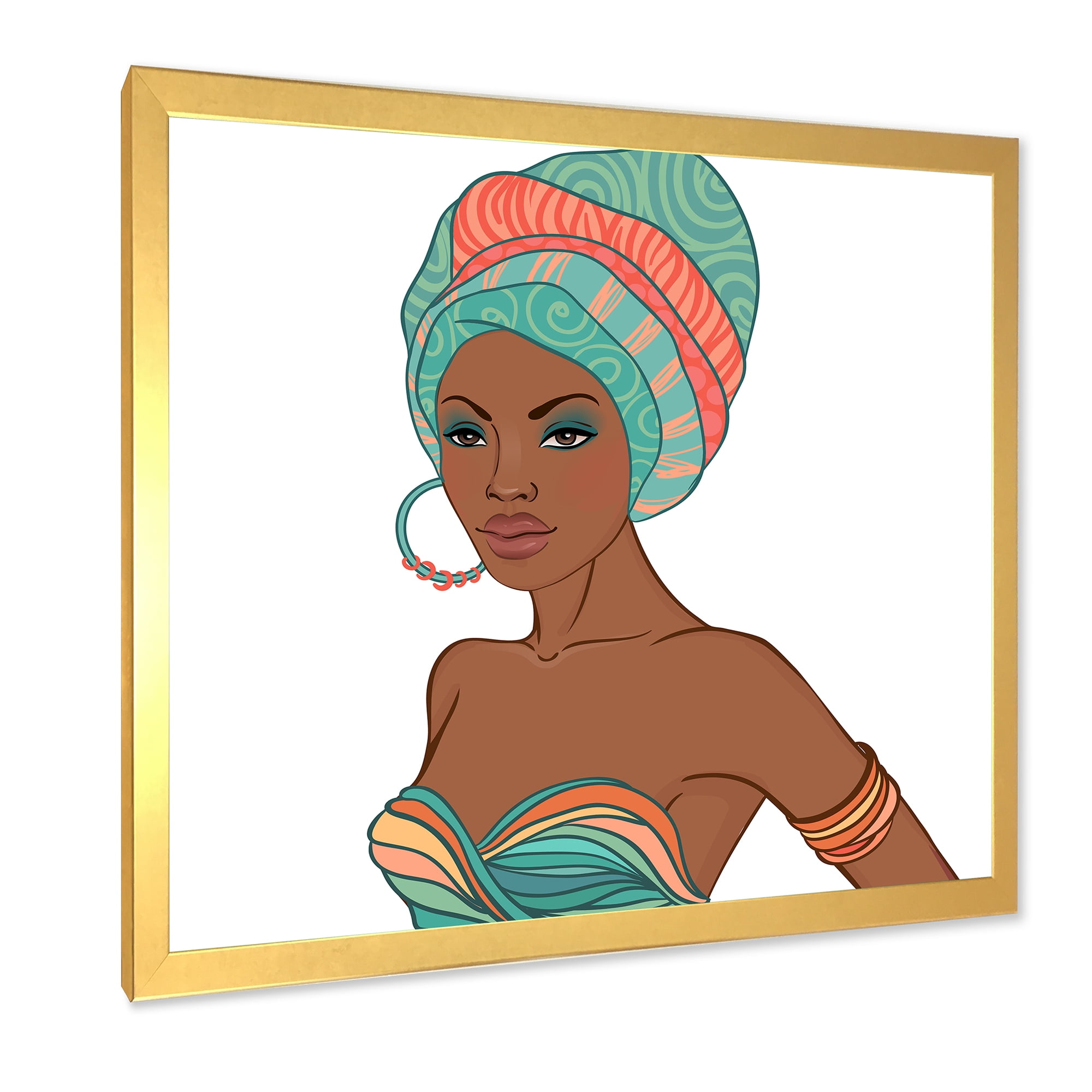 African American Woman With Turban and Earring 16 in x 16 in Framed Painting Canvas Art Print, by Designart