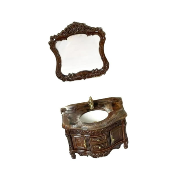 2 piezas de espejo para lavabo de baño a escala 1:12, adorno de escenas de la vida real. marrón