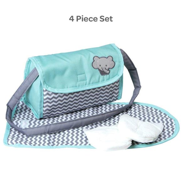 Adora Baby Doll Zig Zag Diaper Bag Accessories Changing Set Gender Neutral Teal Pattern Design for Kids 3 years & up