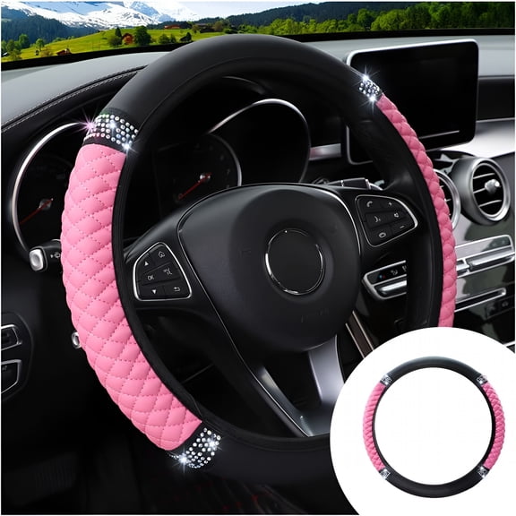 LADYGYM Soft Leather Steering Wheel Cover 15 Inch, Pink Rhinestone Auto Protector with Crystal Diamonds, Elastic Car Accessories for Women Girls SUVs