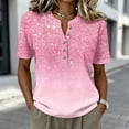 thumbnail image 2 of Abstract Geometric Print Henley Blouse for Women - Short Sleeve V-Neck Button Down Tunic, Casual Loose Fit Summer Top Pink XXL, 2 of 9