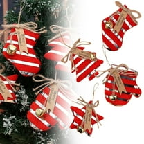 Set of 4 Christmas Tree Ornaments, Red & White Striped Hanging Decorations with Bells for Holiday Tree & Home Décor