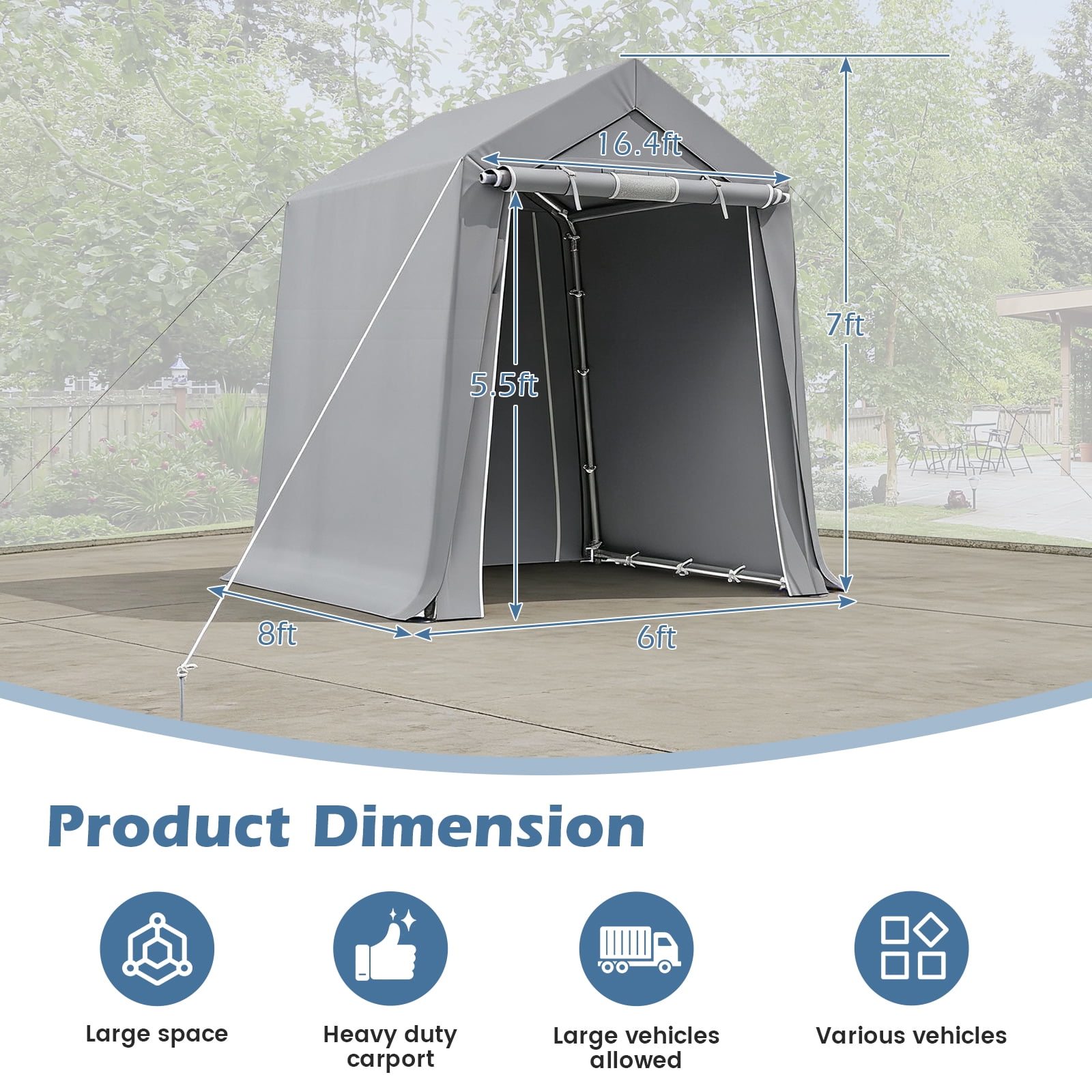 Mellcom 6x8 FT Whaterproof Storage Sheds , Portable Sheds and Outdoor Storage with Rolled up Zipper Door for Motorcycles,Bikes and Garden Tools