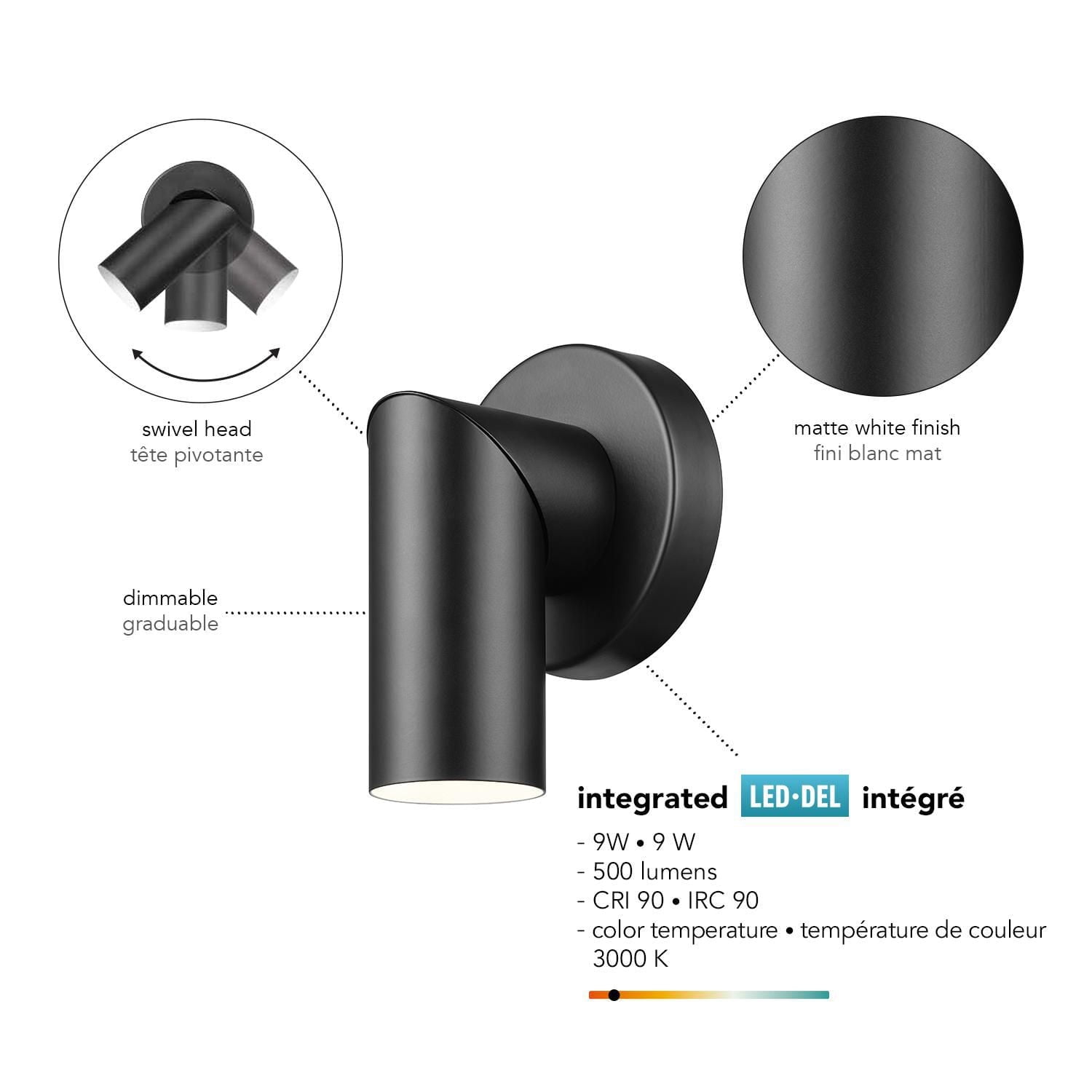 4.5" Matte Black Convertible Wall or Ceiling Mount LED Integrated Track Lighting Spotlight with Pivoting Track Head