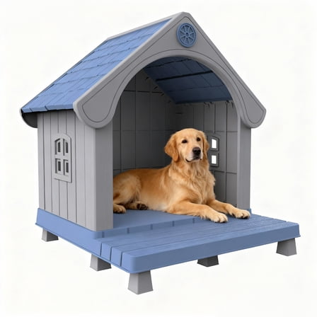 Outdoor Dog House Resin Dog Kennel with Porch Open Front, Large Dog Bed Pet Shelter for Backyard, Patio and Indoor Use, Blue