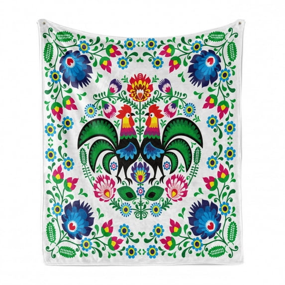 Folk Art Soft Flannel Fleece Throw Blanket, Traditional Folkloric Polish Wzory Lowickie with Flowers Leaves and Roosters, Cozy Plush for Indoor and Outdoor Use, 70" x 90", Multicolor, by Ambesonne