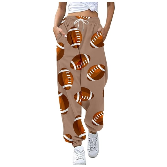Wyobmus Casual Sweatpants for Women Comfy Loose Drawstring Straight Lounge Pants Football Print Running Workout Athletic Pants With Pockets Khaki