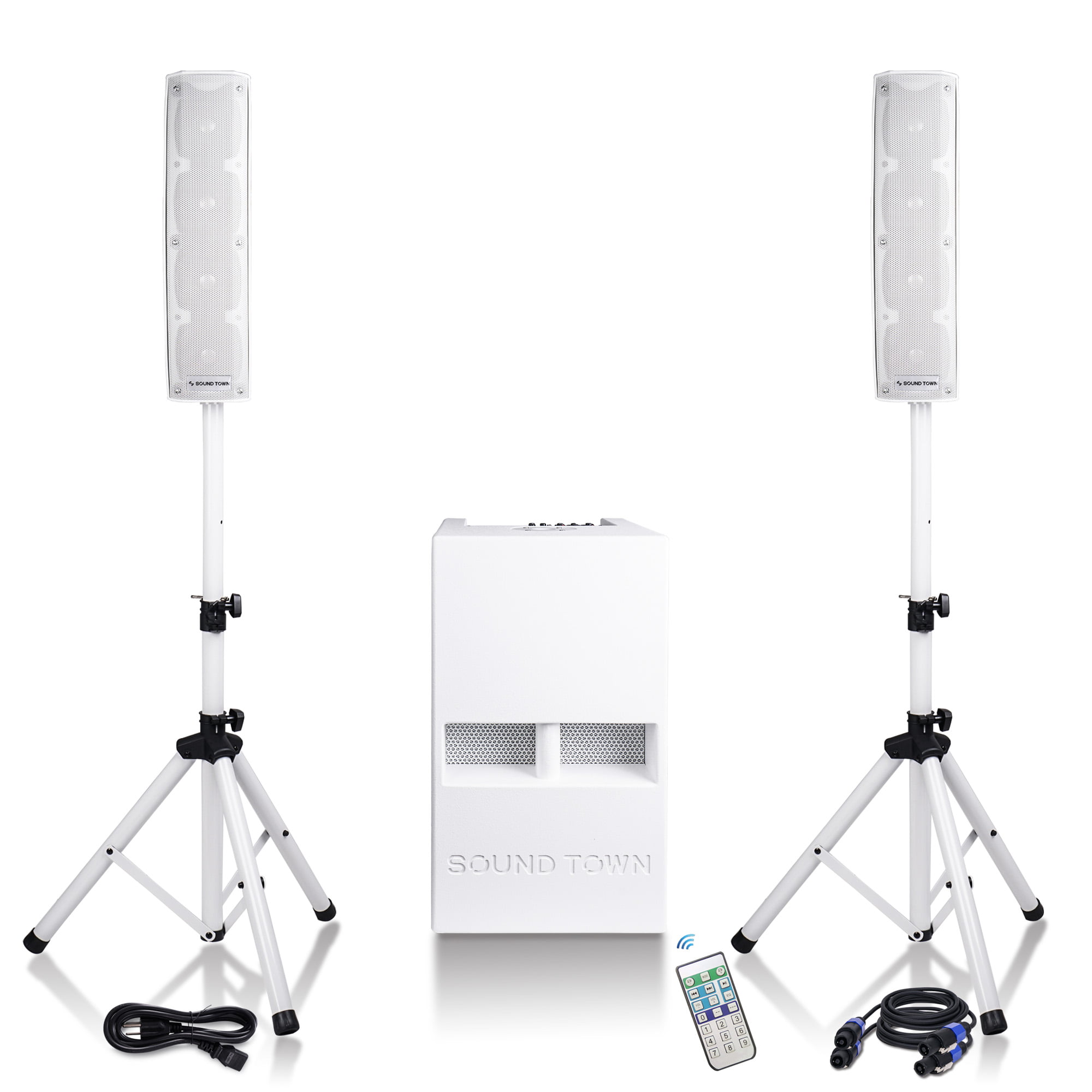 White Speaker Stands and 9 Feet Speakon to Speakon Cables Sound Town 2-Pack 500W Passive Column Speaker Set with Two 4 X 4” Column Speakers 