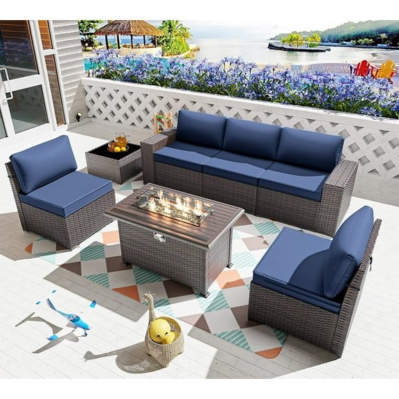 Gotland 7 Pieces Outdoor Patio Furniture Set with 43" Fire Pit Table Sets Outdoor Furniture Patio Conversation Set (Navy Blue)