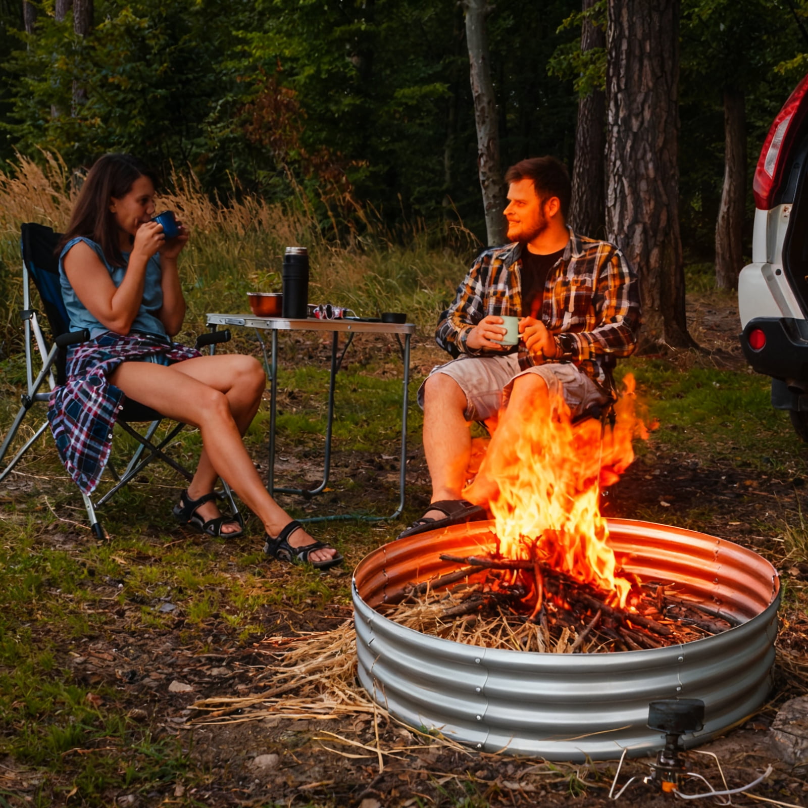 Jacgood 3FT Diameter Camp Fire Ring Pit, Large Round Galvanized Steel Fire Pit, Heavy Duty Steel Fire Pit Silver for Backyard, Camping, Bonfire，35in Diameter