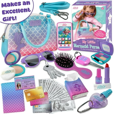 Play Purse for Little Girls and Toddlers - Mermaid Purse Toys for Kids Pretend Play Accessories: Phone, Wallet, Credit Cards, Keys, Pretend Makeup Unicorn Gift for Girl Age 3 4 5 6 7 8 Years and Up