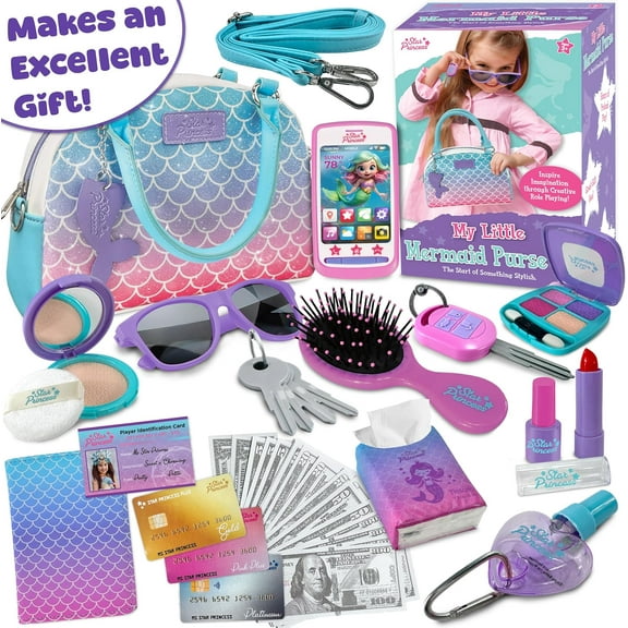 Play Purse for Little Girls and Toddlers - Mermaid Purse Toys for Kids Pretend Play Accessories: Phone, Wallet, Credit Cards, Keys, Pretend Makeup Unicorn Gift for Girl Age 3 4 5 6 7 8 Years and Up
