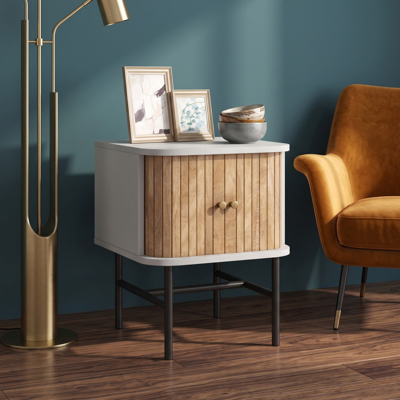 Furnibear Mid-century Modern Nightstand with Sliding Doors and Storage Cabinet, Compact Bedside Table with Metal Legs for Bedroom, White