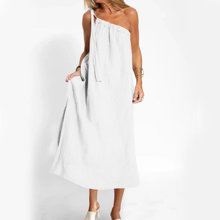 chinese dress ladies Women's Ivory White Cotton-Linen Blend One-Shoulder Flowing Elegant Dr –  Modesees main image 0
