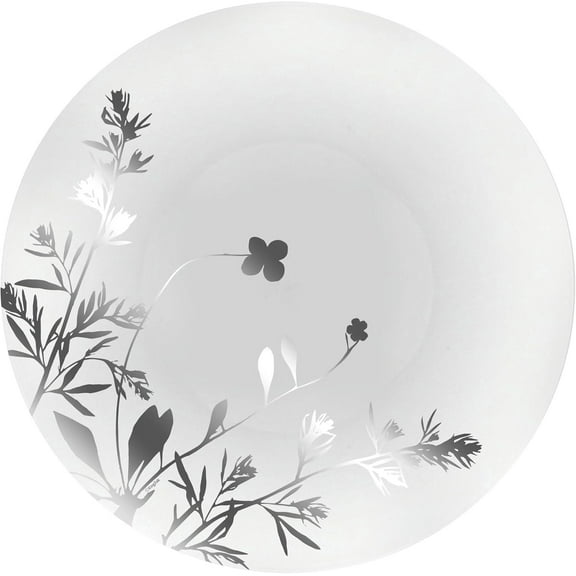 EcoQuality 8 Inch Silver and White Plastic Round Salad Plate Flower Design – Elegant Disposable Dinnerware for Weddings, Parties, and Events – Durable, Stylish, Reusable Tableware (10)