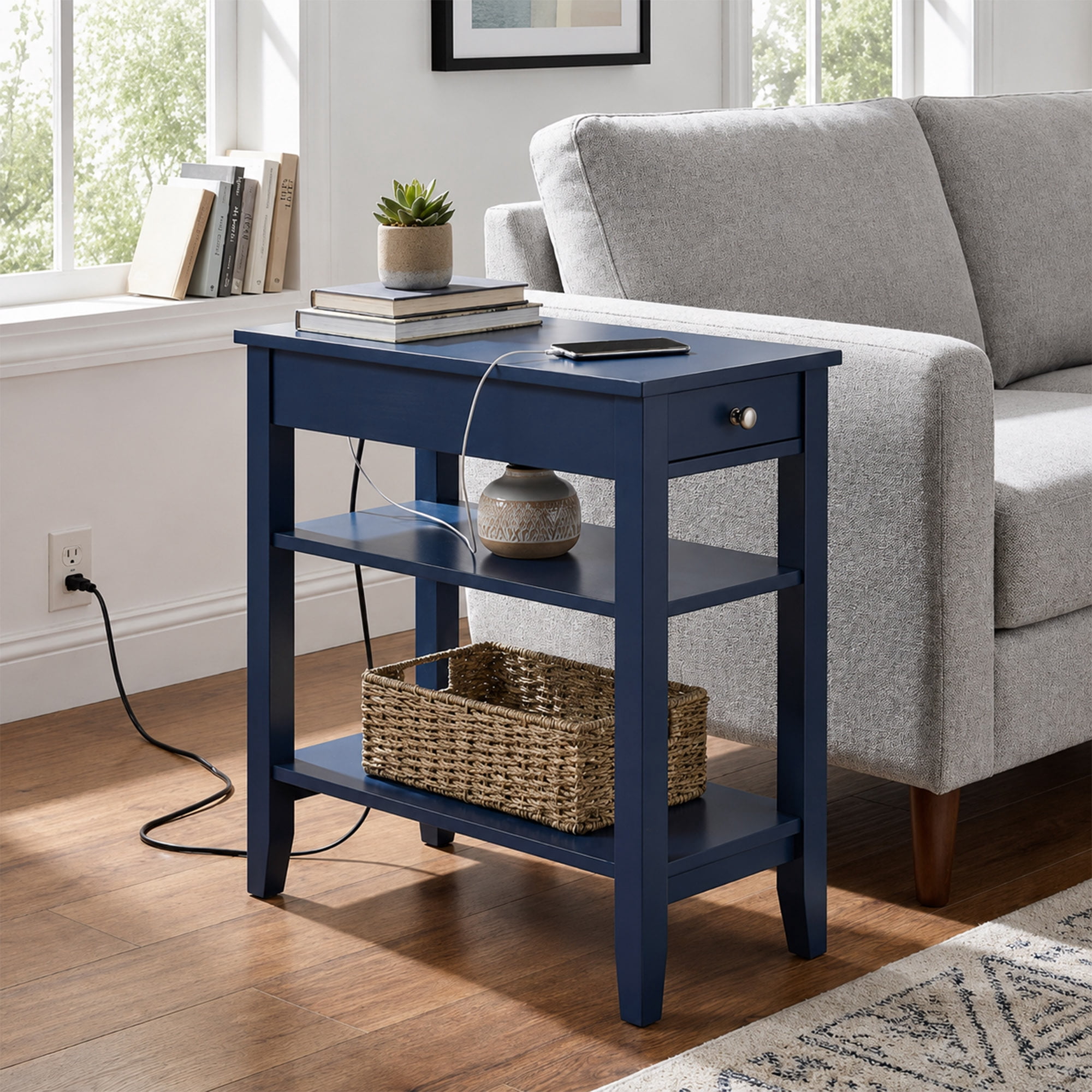 Convenience Concepts American Heritage 1 Drawer Chairside End Table with Charging Station and Shelves, Cobalt Blue