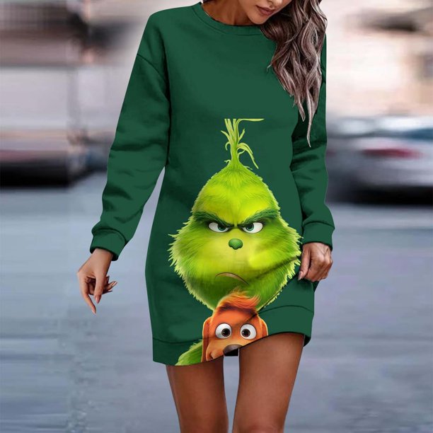 Vestidos Casuales Para Mujer Verano Vestido Casual de Manga Larga Con Cuello Redondo y Estampado Navideño de Moda de Otoño E Invierno Para Mujer