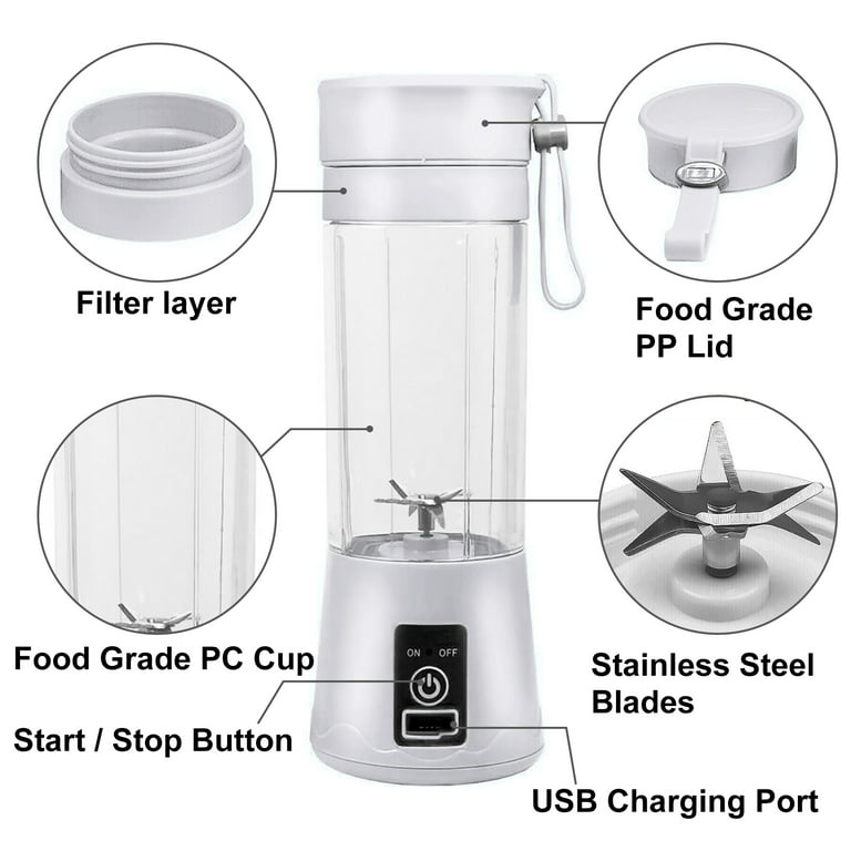 Portable Juice Blender with Stainless Steel 6 Blades Battery Powered USB Mini  Blender for Shakes and Smoothies - White