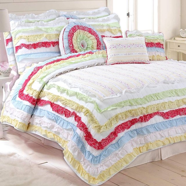 Juego de ropa de cama reversible de algodón con volantes y rayas de colores para niña, colcha reversible para dormitorio, habitación de invitados, RV, hotel (arcoíris, tamaño Queen, 3 piezas)