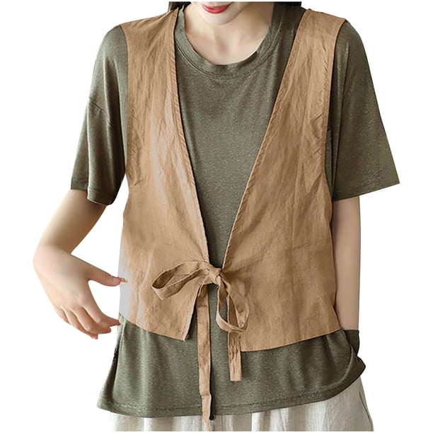Vestidos Casuales Para Mujer, Blusas De Mujer De Moda Camiseta holgada de cuello redondo de lino y color liso de moda para mujer