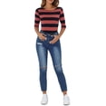 thumbnail image 2 of Camisetas de rayas para mujer Inspire Chic, corte ajustado, mangas de codo, cuello barco, talla M, rosa intenso y azul marino, 2 of 6