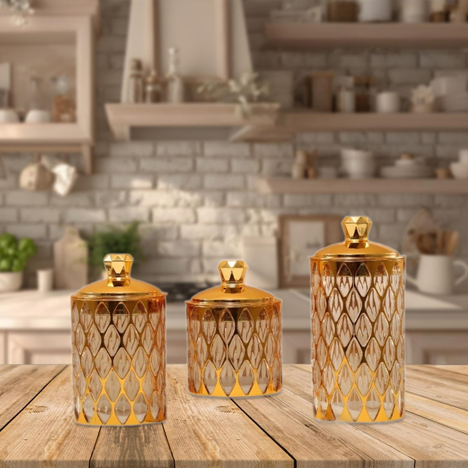 QSTDGVPW 3 Pieces Food Storage Jars with Lid Food Storage Container Tea Canister Airtight Gold trim