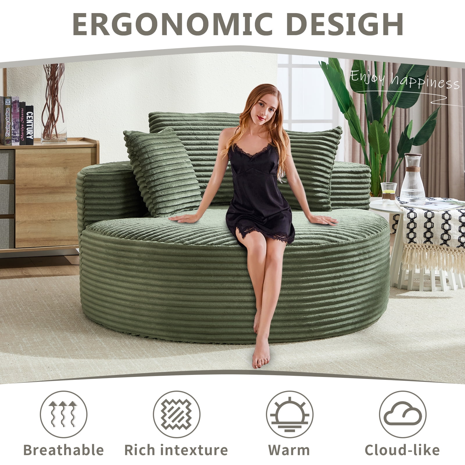 Aukfa Oversized Round Chaise Longue Chair Indoor, 56-inch Upholstered Corduroy Deep Seat Circle Cloud Sofa Chair, Green