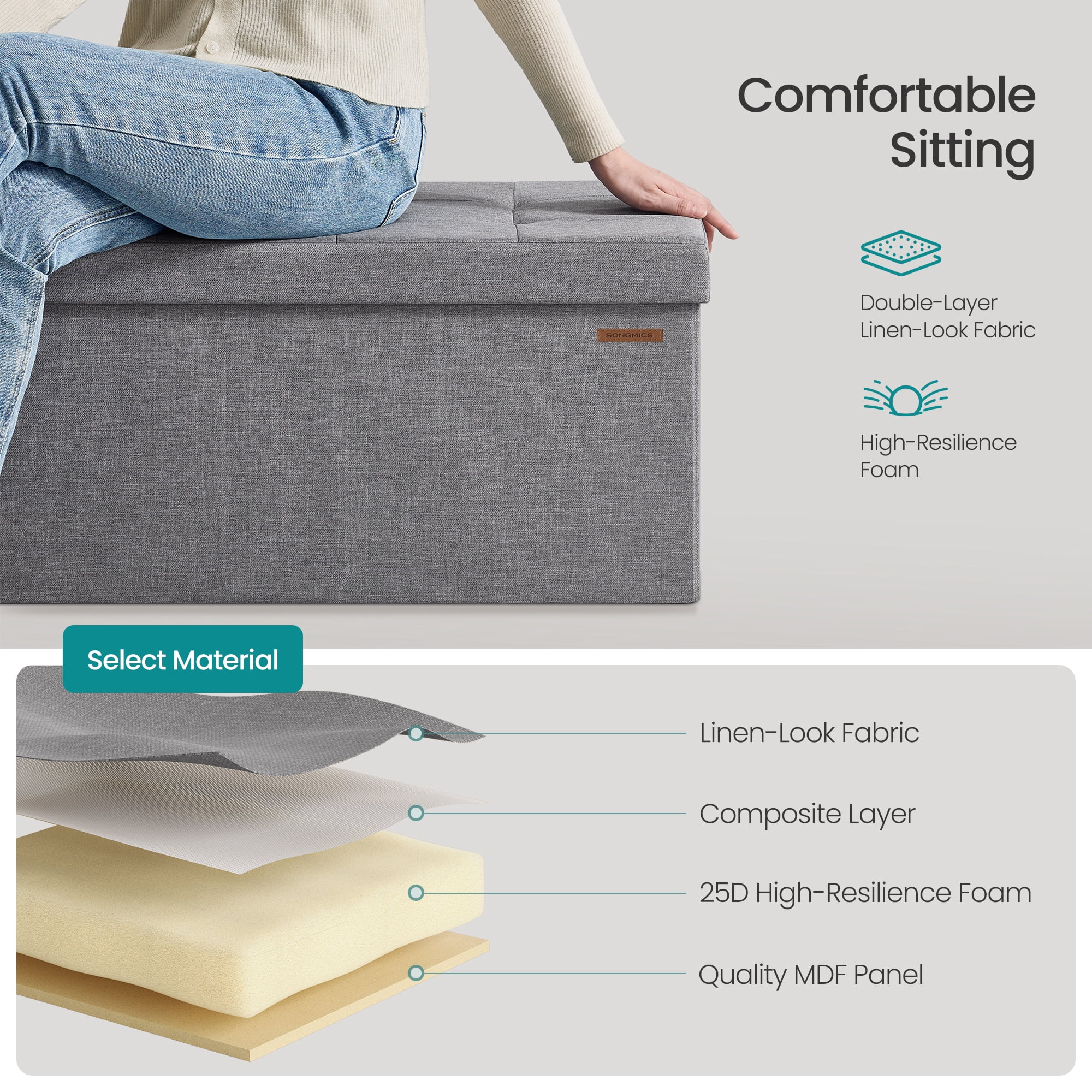 SONGMICS Storage Ottoman Bench, 15 x 30 x 15 Inches, Ottoman with Storage, End of Bed Bench, for Living Room, Bedroom, Ash Gray