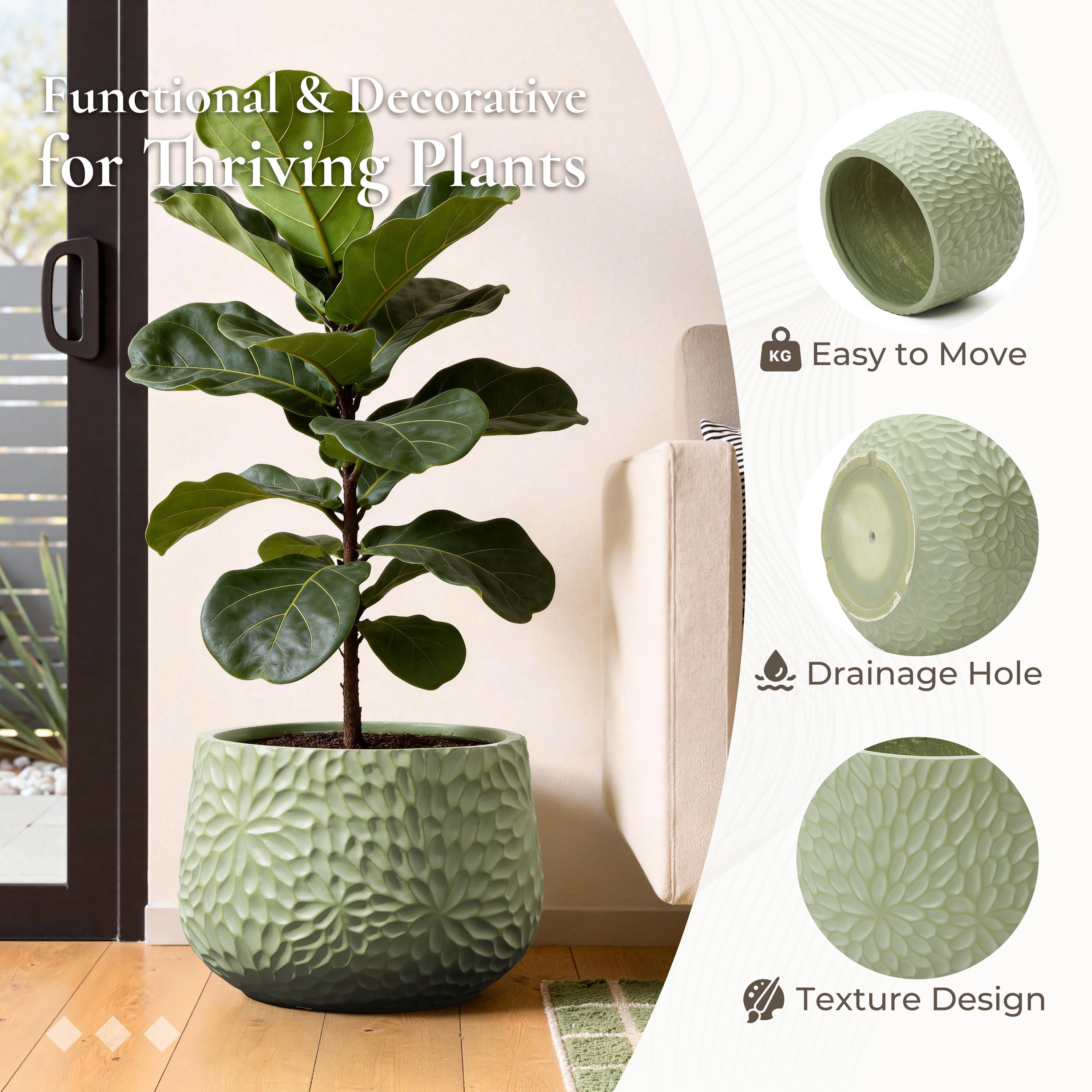 LuxenHome 16" Dia Green Large Round Planter with Floral Texture, Decorative Garden Plant Pot Indoor Outdoor Use