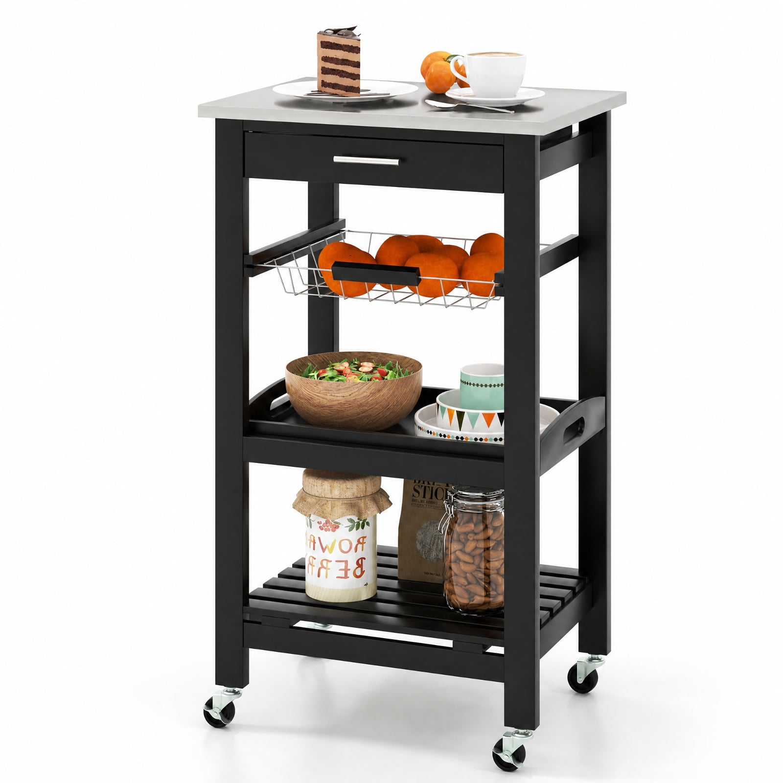 Furnibear Kitchen Island Cart on Wheels with Stainless Steel Tabletop Storage Drawer Wire Basket and Bottom Shelf for Small Kitchens, Black