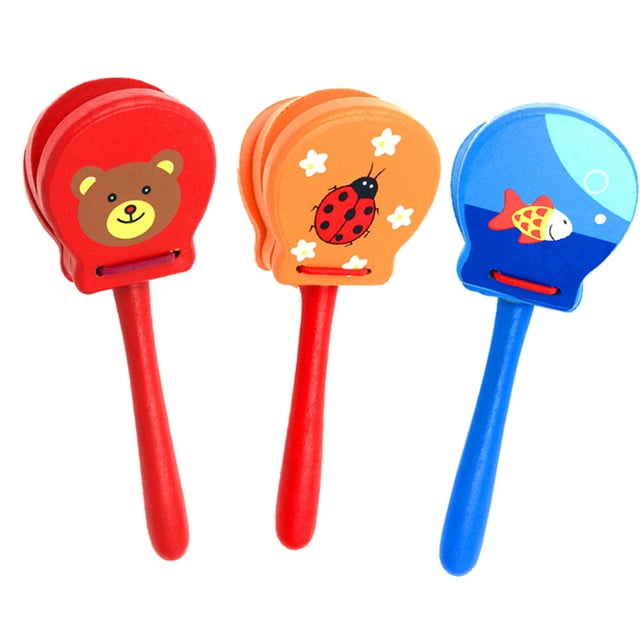 3pcs Wooden Cartoon Castanets Early Educational Long Handle Hand Clapper Percussion Instruments Musical Toy for Baby Infant (Random Color)