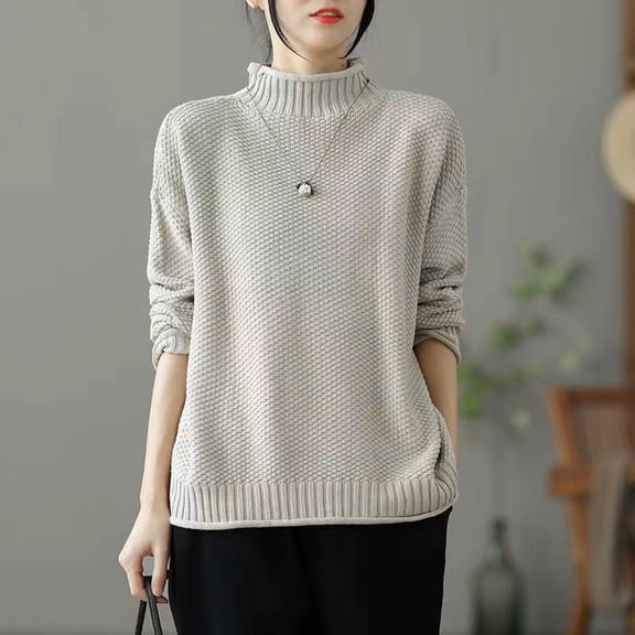 Red Vintage Crewneck Sweater Women Oversized Knit Pullover Casual High Neck Winter Warm Tops