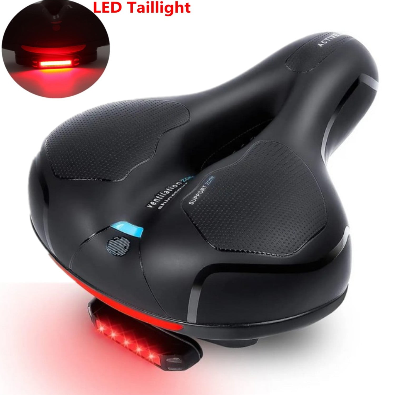 Extra Wide Comfort Saddle Bicycle Seat Pad Soft Padded Mountain Bike Gel Saddle With Rechargeable LED Taillight