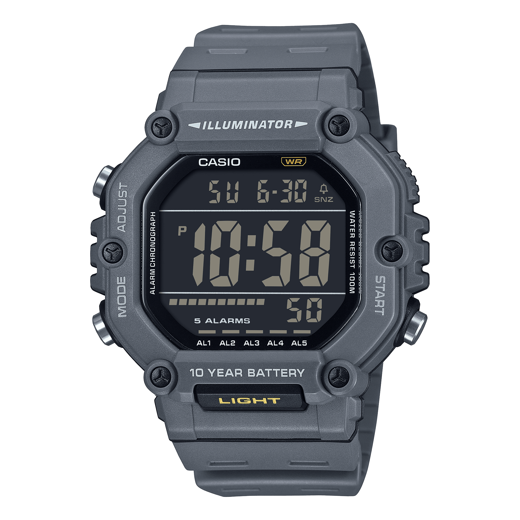 Casio Mens Digital Wristwatch Large Lcd 10-Yr Battery 100M Wr Stopwatch Gray