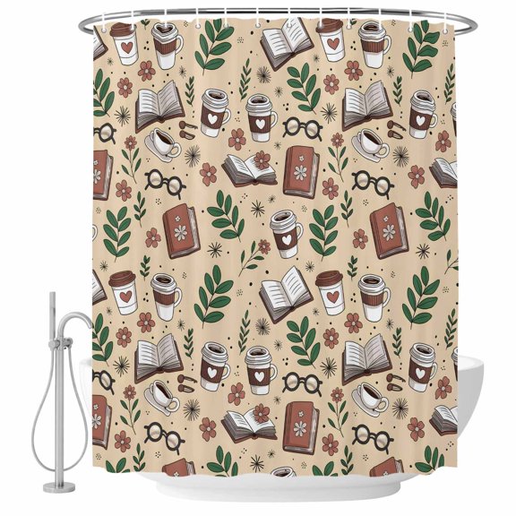 Tan Coffee Shower Curtain, Waterproof Shower Curtains for Bathroom, Vintage Latte Cafe Books Leaves Flowers Theme Washable Fabric Bathtub Curtain Set Bath Decor with 12 Hooks Standard 72"x72"