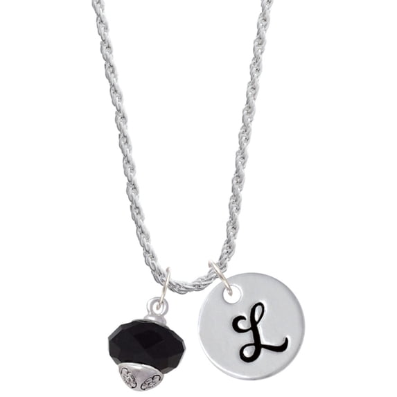 Delight Jewelry Silvertone Black Faceted Glass Spinner Silvertone Script Initial Disc - L - Charm Necklace, 20"+3"